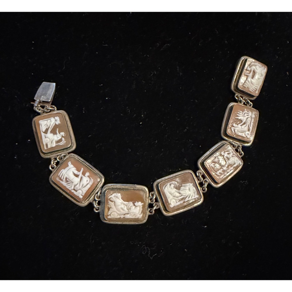 Vintage Cameo Bracelet 835 Silver Carved Shell Roman Chariots 7"